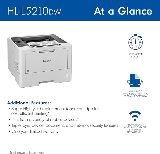 Brother HL-L5210DW Business Monochrome Laser Printer with Duplex Printing, Versatile Paper Handling, Wireless and Gigabit Ethernet Networking, and Mobile Printing (Renewed Premium)