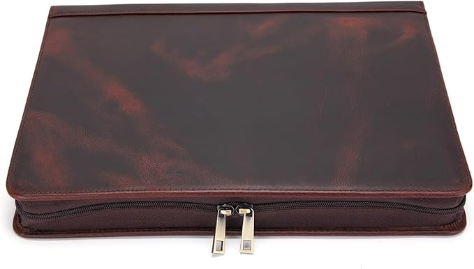 Personalized Genuine Leather Portfolio Binder, Zippered Padfolio for Men Women, Business Folio with 8.5” x 11” Notebook Holder and 13” Laptop Sleeve, Professional Folder, Dark Brown, Oil Tanned