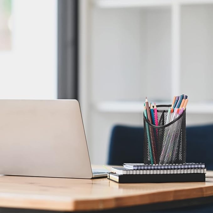 2 Pack Pen Holder Pen Organizer for Desk Mesh Round Pencil Holder Desktop Organizer 3 Compartments Pencil Organizer Desk Organizer for Office Home School, Black