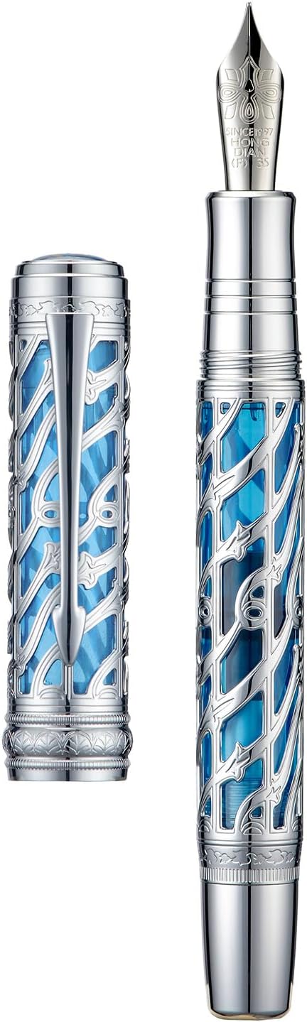 Hongdian A6 Piston Fountain Pen Fine Soft Nib, Silver Blue Hollow Skeleton & Resin Pen with Metal Case Set