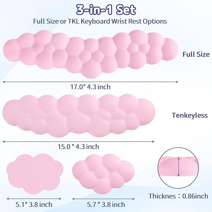 Cloud Wrist Rest Keyboard, Cloud Palm Rest Set with PU Leather Memory Foam, Cute Keyboard Rest for Wrist Support and Arm Rest, Desk Cloud Wrist Pad for PC/Gaming/Hand Cushion/Computer-Pink