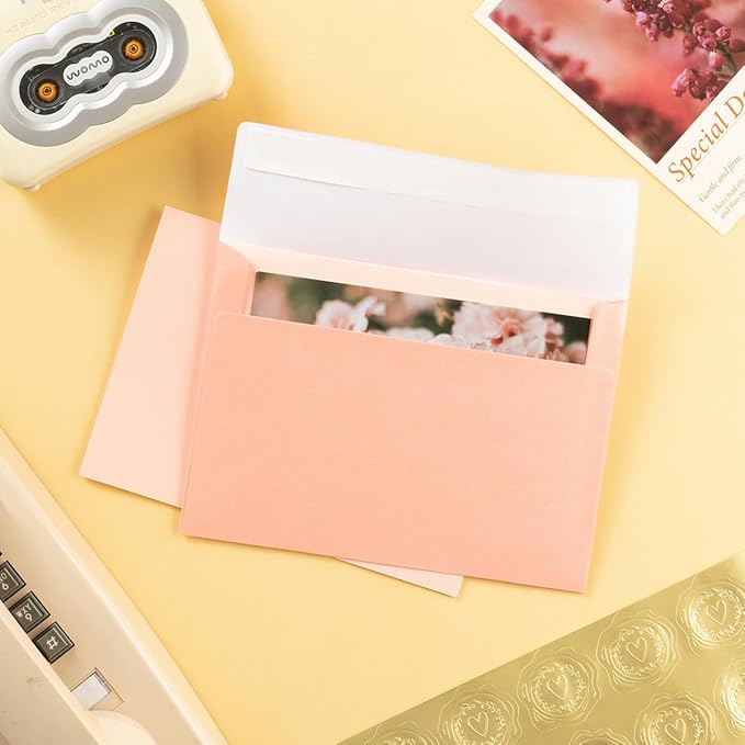 Wishop 50 Pack Shiny Self-Adhesive Envelopes with Shiny Fold Cards for Wedding Invitations, Greeting Cards, Baby Shower, Letter Mailing (Pink, 5x7)