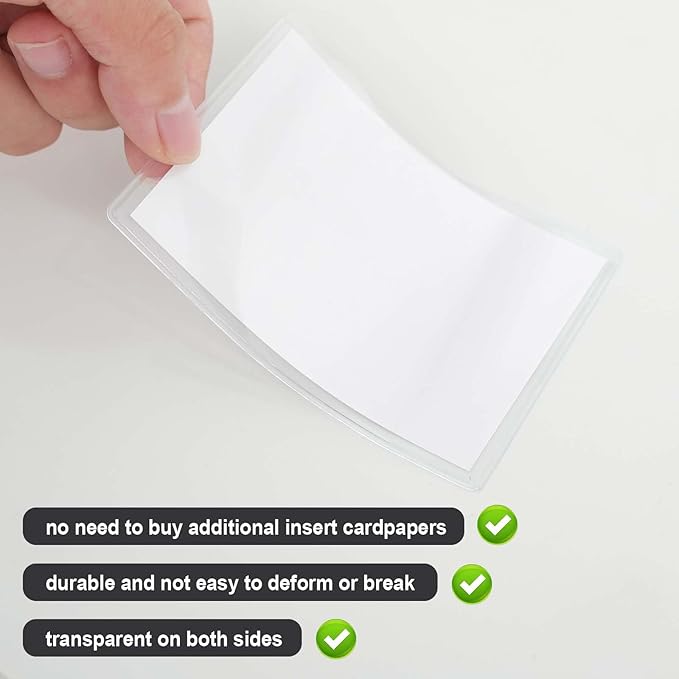 50 Pieces 3x4 inch Adhesive Plastic Pockets Sleeves with 50 Pieces White Insert Cards, Self Adhesive Clear Label Holder Index Card Pocket Sleeves Clear Plastic Sticky Labels Holders