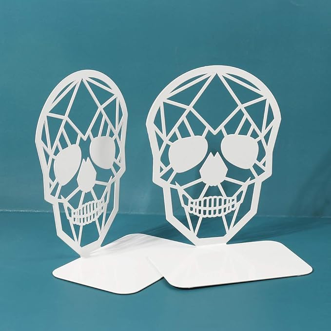 Metal Skull Design White Bookend - Heavy-Duty Bookends for Shelves, Skull Book Ends for Heavy Books, Book Shelf Holder Home Office Decorative Desktop Organizer (2 Pair-White)