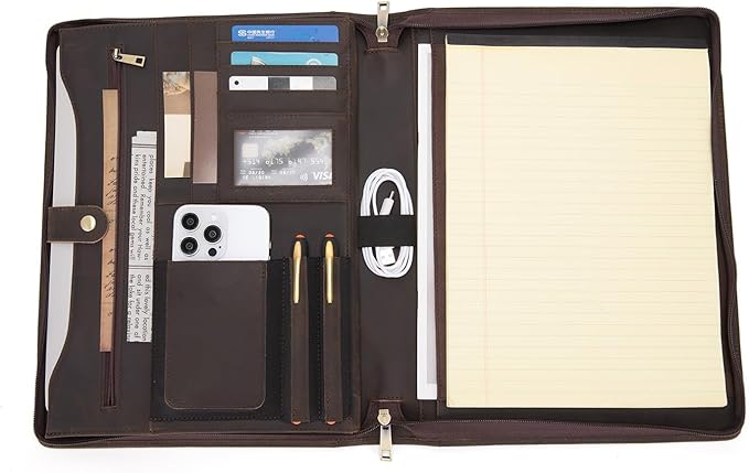 Personalized Genuine Leather Portfolio Binder, Zippered Padfolio for Men Women, Business Folio with 8.5” x 11” Notebook Holder and 13” Laptop Sleeve, Professional Folder, Dark Khaki