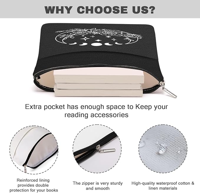 Book Themed Gifts Waterproof Book Sleeve Book Pouch Moon Halloween Reading Gifts Witchy Gifts for Women Friend Book Covers for Paperbacks Book Accessories Book Protector with Zipper and Front Pocket