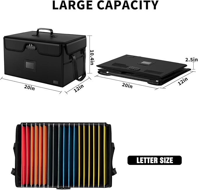 AMBOR Large File Box with Lock, Fireproof Document Box with 5 Tabs, Collapsible File Organizer with Handle for Home Office for Letter & Legal Folder/Certifications/Books Storage, Black