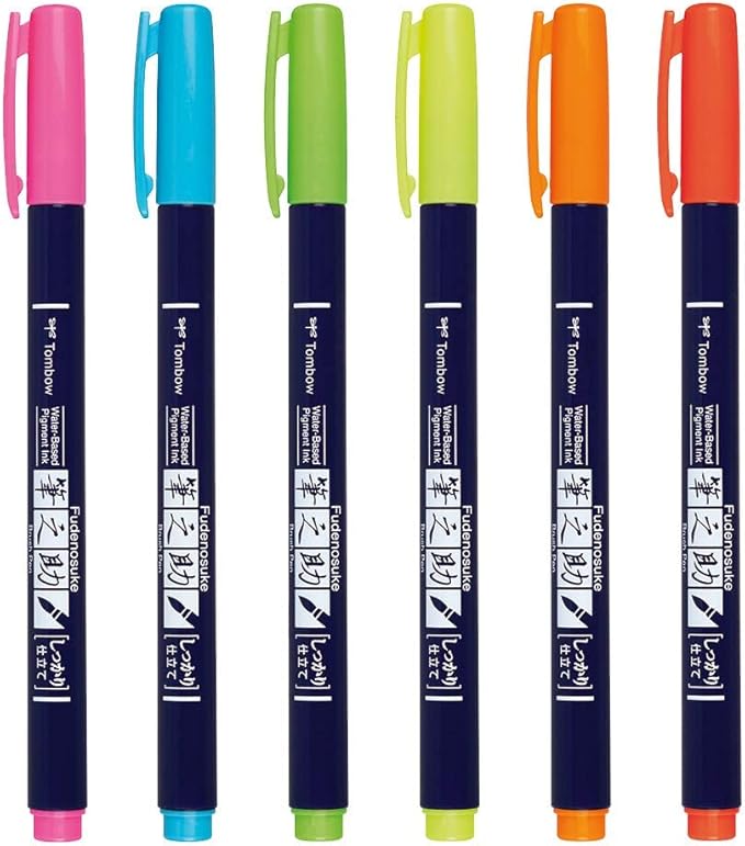 Tombow 56437 Fudenosuke Neon Brush Pen, 6-Pack. Hard Tip Fudenosuke Brush Pens in Assorted Neon Colors for Calligraphy and Art Drawings