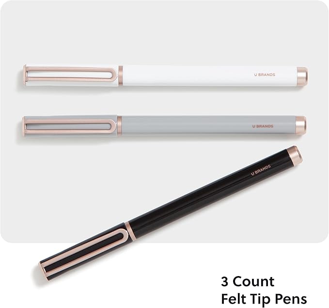 U Brands Catalina Felt Tip Pens, Set of 3, Classic Designs with Rose Gold Hardware, Medium (0.7 mm) Point, Black Ink