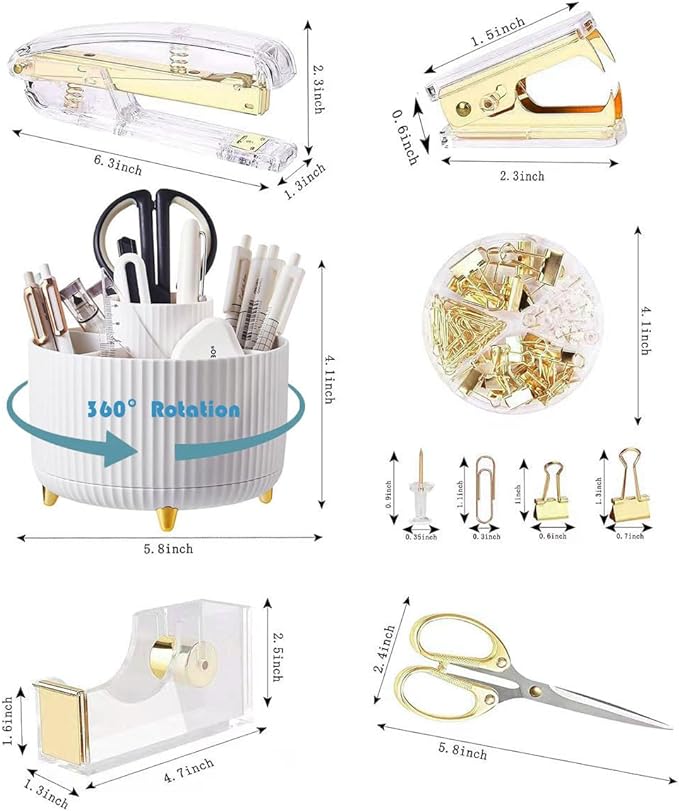 Desk Organizers and Accessories 7Pcs Set with 360-Degree Rotating Pen Holder, Acrylic Stapler, Tape Holder, Staple Remover, Binder/Paper Clips Kit, Scissor and 1 Box of Staples