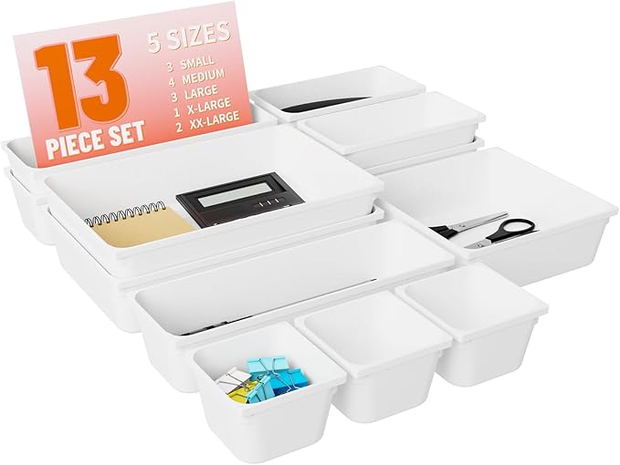 Home Edit 13-Piece Plastic Drawer Organizer Set with Non-Slip Silicone Pads, White - 5-Size Utility Tray and Storage Containers for Bathroom, Desk or Vanity Makeup Drawer