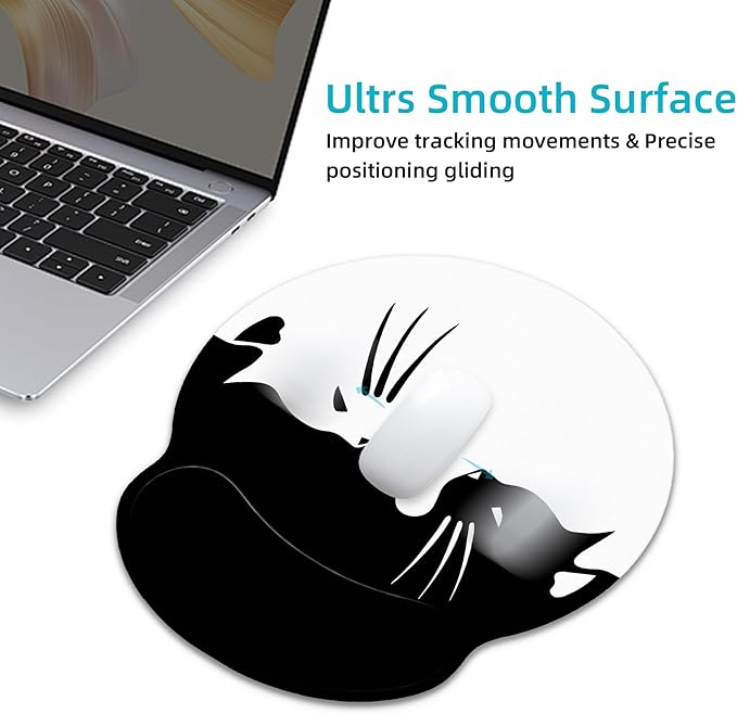 Ergonomic Mouse Pad with Wrist Support,White and Black Cat Mouse Pad with Wrist Rest,Relieve Wrist Pain Mousepad Non-Slip Rubber Base,Mouse Pads for Desk,Computers,Laptop,Office,Home,Accessories