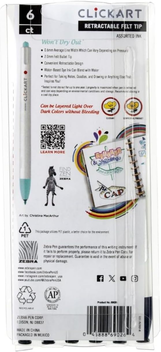 Zebra Pen ClickArt Retractable Marker Pen, 0.6mm, Assorted Deep Sea Colors, 6-Pack (69026)