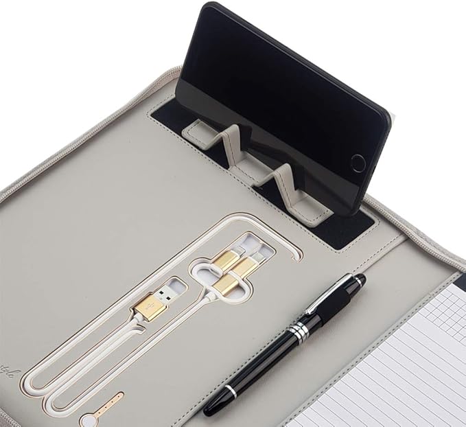 Phone Charging Business & Travel Portfolio w/Built-in Power Bank- Zipper Closure & Refillable Pad- Professional Organizer Padfolio That Charges Phones/Tablets on The Go (Gray)