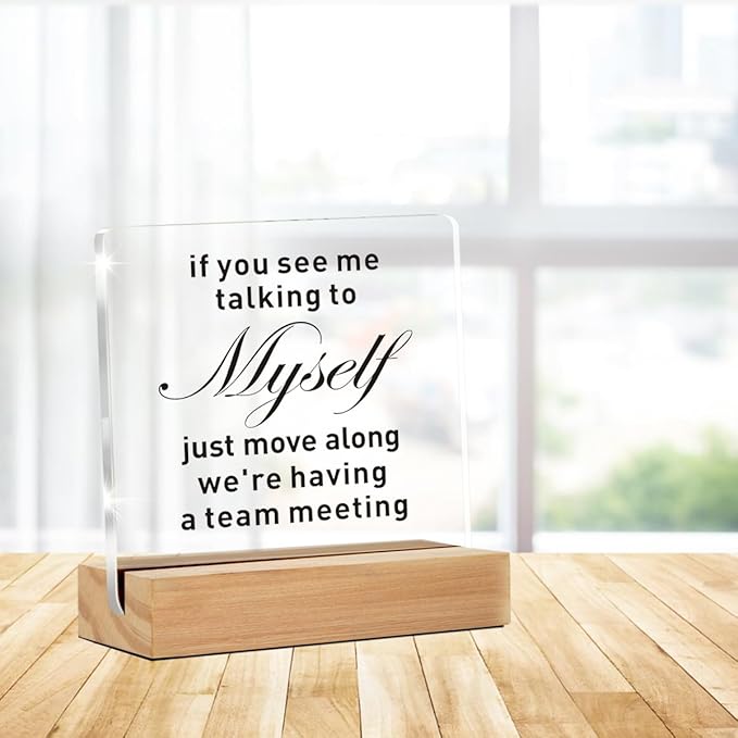 Funny Office Decor for Women Men, Funny Desk Decor Sign, If You See Me Talking to Myself We're Having a Team Meeting Clear Decorative Acrylic Sign With Wooden Stand for Desk Table Shelf