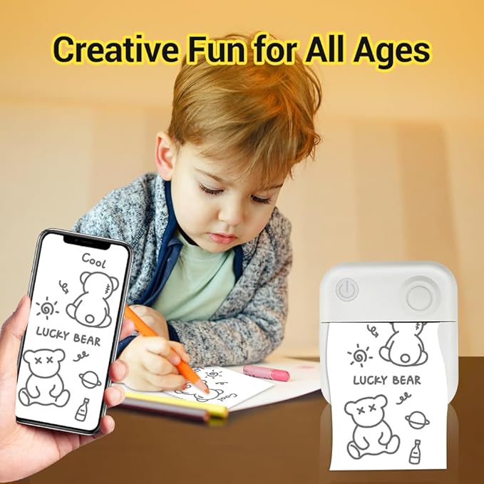 Sticker Printer,Thermal Printer Label Maker with 3 rolls Paper, Portable Mini Wireless Bluetooth Inkless Printer, Recharge Pocket Sticker Maker,Small Printer for Photo,Scrapbook Supplies, White