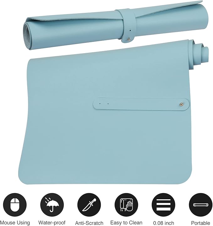 Boutilon Leather Desk Pad 30" x14",Non-Slip Mouse Pad,Office Desk Mat,Waterprooft PU Leather Desk Blotter,Desk Pad Protector,Desk Writing Pad for Home Office Decor (M-Light Blue)