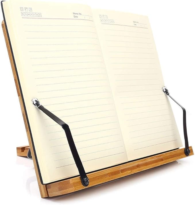 wishacc Bamboo Book Stand, Adjustable Book Holder Tray and Page Paper Clips-Cookbook Reading Desk Portable Stable Hard-Wearing Lightweight Bookstand-Textbooks Books