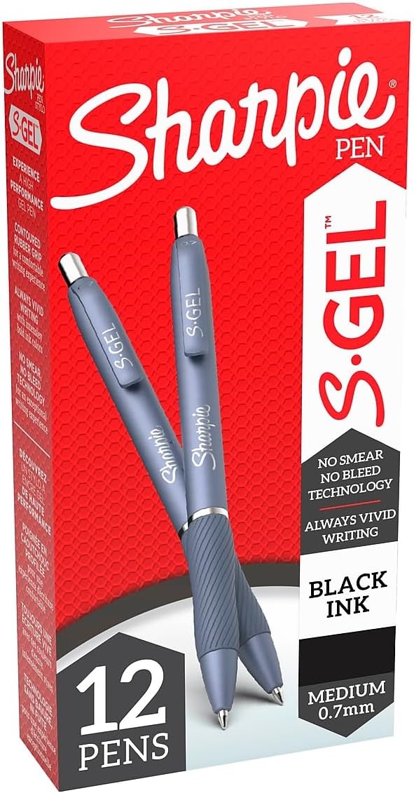 Sharpie S-Gel, Gel Pens, Medium Point (0.7mm), Black Gel Ink Pens, 12 Count