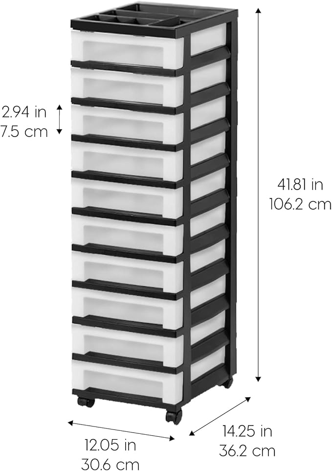 IRIS USA Plastic Drawer Storage Organizer Rolling Cart, with Wheels Casters, 10-Drawers, for Classroom Art Craft Supplies Dresser Closet Bathroom Bedroom, Top Organizer for Small Parts, Black/Pearl