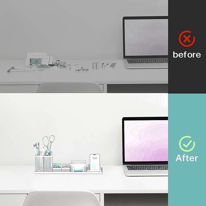 SUPEASY Pen Holder for Desk, 6 Piece Mesh Desk Organizer set, Desk Accessories for Office Organization with Mail Organizer, Letter Phone Holder, Sticky Notes Caddy Storage, White