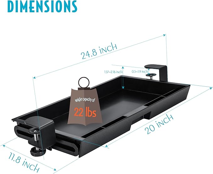 EHO Large Under Desk Slide Out Storage Drawer, Adjustable Sturdy C-Clamp Tray, 20x11.8 inch Pull Out Drawer, Smooth Sliding Rail Design for Keyboard Mouse Desk Extender Organizer for Home/Office Black