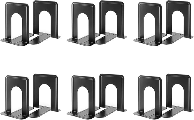 MaxGear Book Ends Universal Premium Bookends for Shelves, Non-Skid Bookend, Heavy Duty Metal Book End, Book Stopper for Books/Movies/CDs/Video Games, 6 x 4.6 x 6 in, Black (6 Pairs/12 Pieces, Large)