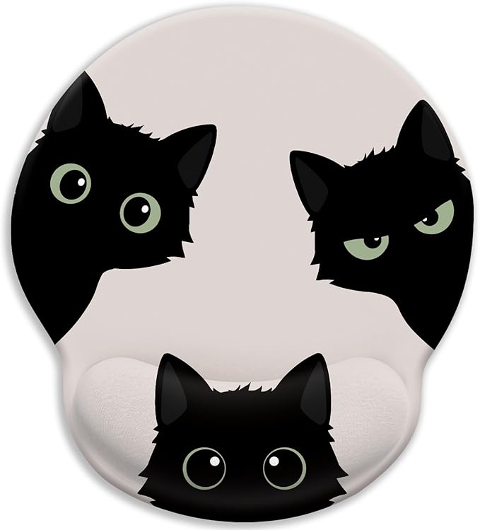 Cat Mouse Pad, Funny Ergonomic Mousepad with Wrist Rest, Gaming Mouse Pad Wrist Support with Non-Slip Pain Relief PU Base, Black Cat Mouse Pads for Desk, Cute Office Desk Accessories Decor