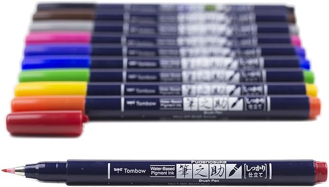 Tombow 56429 Fudenosuke Colors Brush Pens, 10-Pack. Hard Tip Fudenosuke Brush Pens in Assorted Colors for Calligraphy and Art Drawings