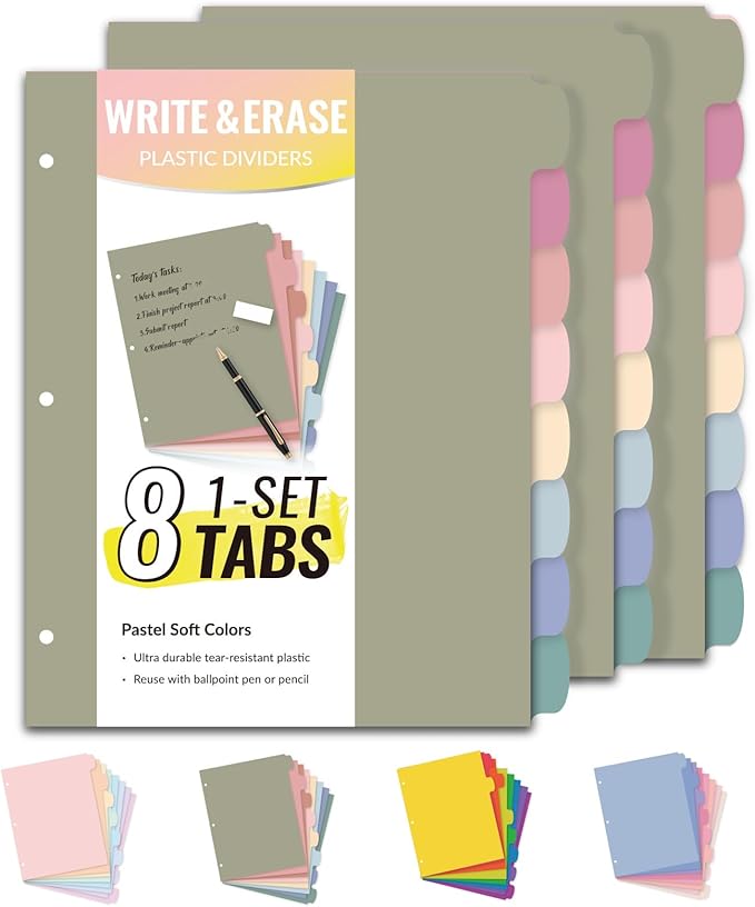 Sooez 8-Tab Durable Plastic Write & Erase Big Tab Dividers for 3 Ring Binder, Aesthetic Cute Pastel Binder Dividers for Student, Teacher, Office, Home Organizers, 3 Sets, Morandi