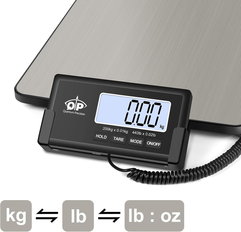 QP Shipping Scale, 440 lb/0.35 oz High Accuracy Digital Postal Scale, Postage Scale, Hold/Tare Function, Auto Off LCD Display, Lightweight Scale for Packages/Luggage/Pet, Battery & AC Adapter Included