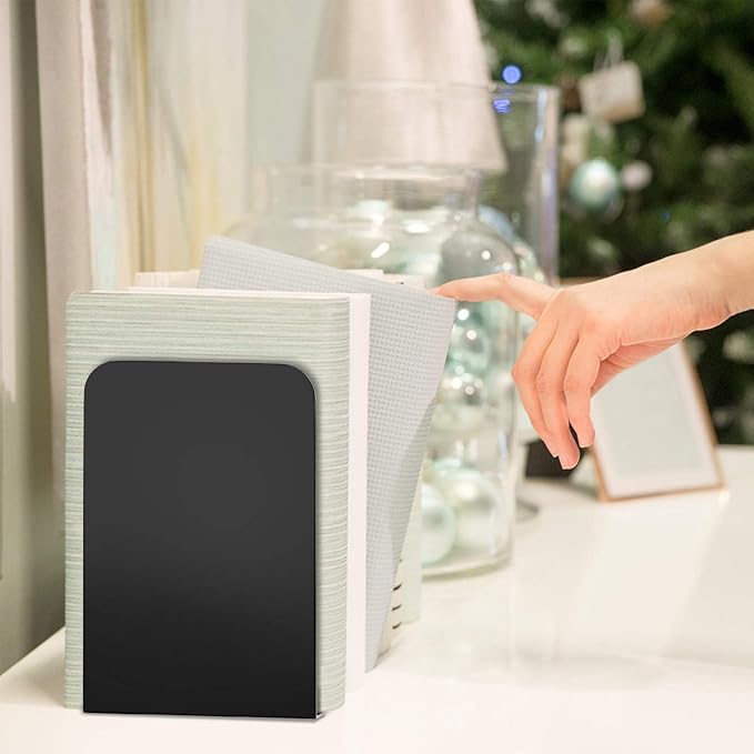 VFINE Bookends, Metal Black Book Ends for Shelves, Bookends for Shelves, Heavy Duty Bookends, Bookend Stopper for Heavy Books, Book Ends to Hold Books for Home Office, 2 Pairs