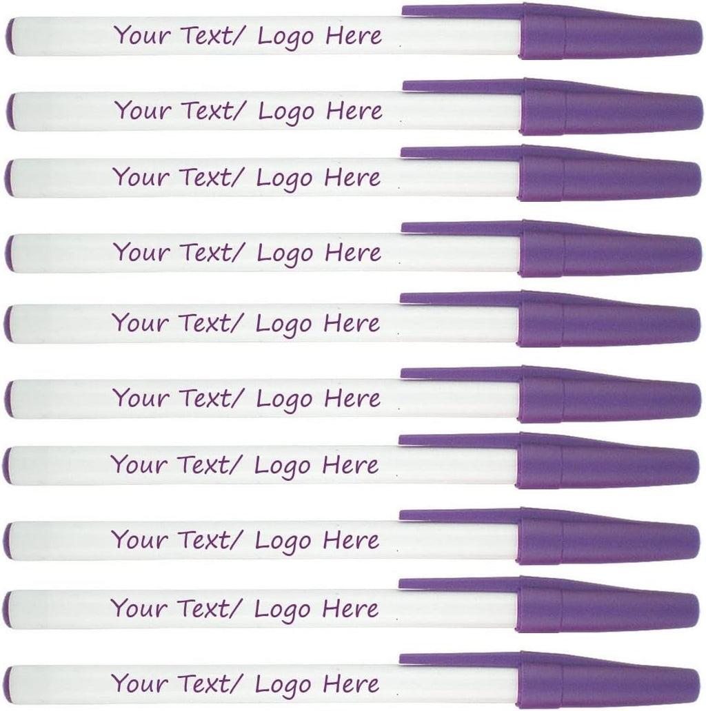 Personalized Stick Pens With your Custom Logo or Text-500 Pack Bulk-for Businesses, Parties, and Events, Custom Printed Slim Ballpoint Pens with Cap, Purple, Black Ink