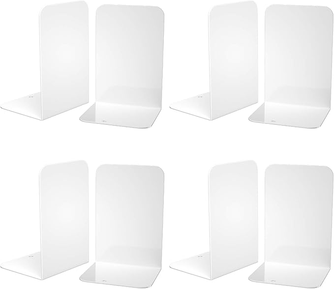 VFINE Bookends 4 Pairs, White Metal Book Ends, Bookends for Shelves, Book Stopper for Heavy Books, Book Dividers for Home Office