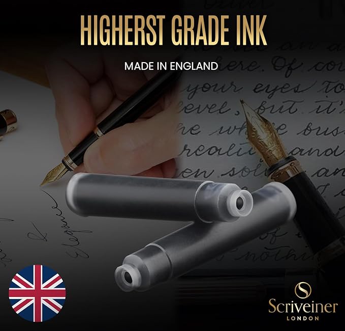 Scriveiner Fountain Pen Ink Cartridges - Black - 20 Standard International, Made in UK, The Best Cartridge for Your Scriveiner Pen, Refill Size Fits A Wide Range of Fountain Pens