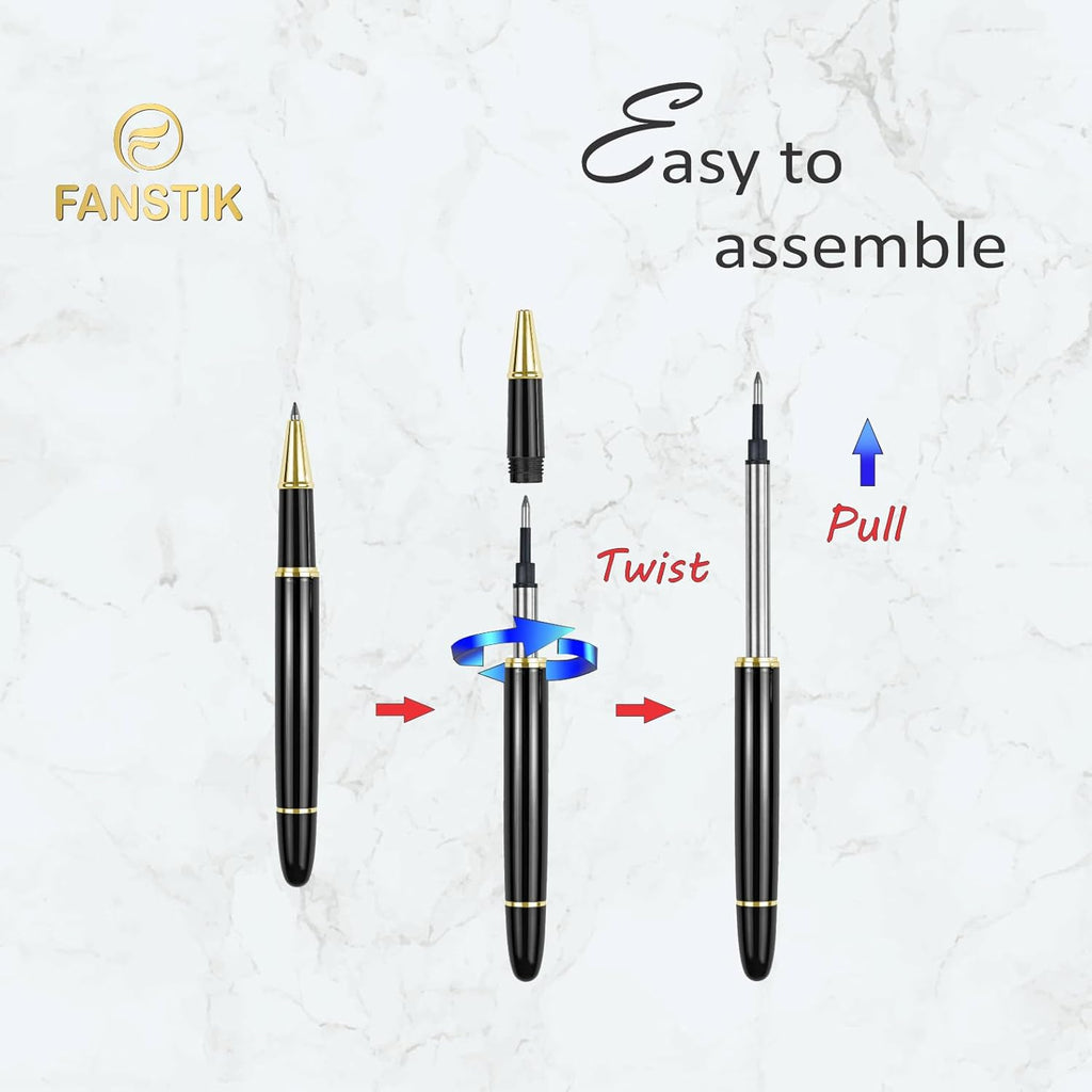 Customized RollerBall pen with name (MADE IN USA), stainless steel, black and gold, luxury engraved pen personalized for men and for women. (RollerBall Black-Gold)