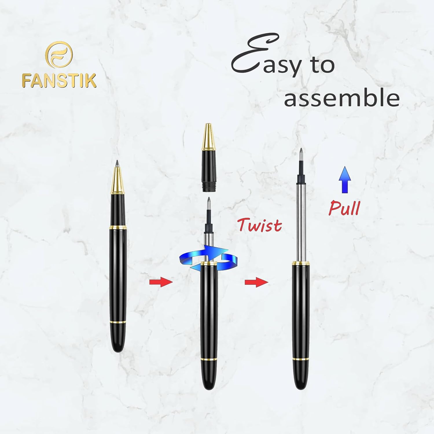 Customized RollerBall pen with name (MADE IN USA), stainless steel, black and gold, luxury engraved pen personalized for men and for women. (RollerBall Black-Gold)