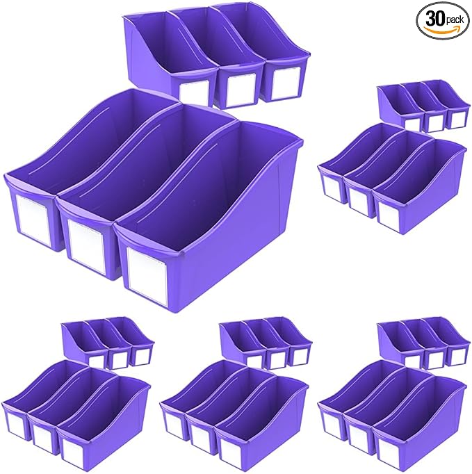 Storex Large Book Bin, Interlocking Plastic Organizer for Home, Office and Classroom, Purple, 30-Pack (71117U06C)