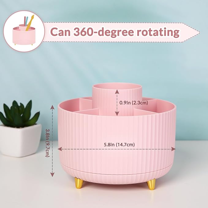 SKYDUE 360 Degree Rotating Desk Organizer, Dual-Purpose Pencil Pen Holder for Desk, Cute Rotating Desk Pen Organizer with 5 Slots, Pencil Cup for Office, School, Home Pink