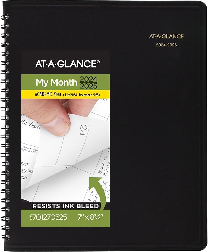 AT-A-GLANCE Planner 2024-2025 Academic, Monthly Appointment Book, 7" x 8-3/4", Medium, Flexible Cover, Black (7012705)