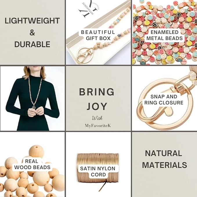 Smile Teacher Lanyard for Women ID Badges and Keychain Cute Happy Wood and Metal Beaded Lanyard Badge Holder