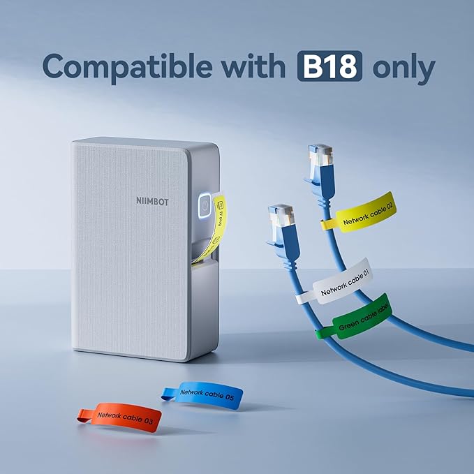 NIIMBOT Thermal Transfer Cable Labels 0.49" x 4.29", Only for B18 Label Maker, PET Material, Waterproof and High-Temperature Resistance, Long Storage Time, 1 Roll of 60, White