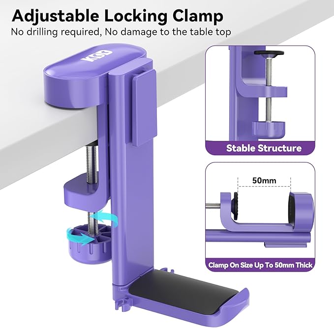 KDD 4 in 1 Desk Cup Holder - Clamp on Under Desk Headphone Hanger - Rotating Headphone Holder Detachable Pen Cup Holder Desk Storage for Cup, Phone and Pen(Purple)