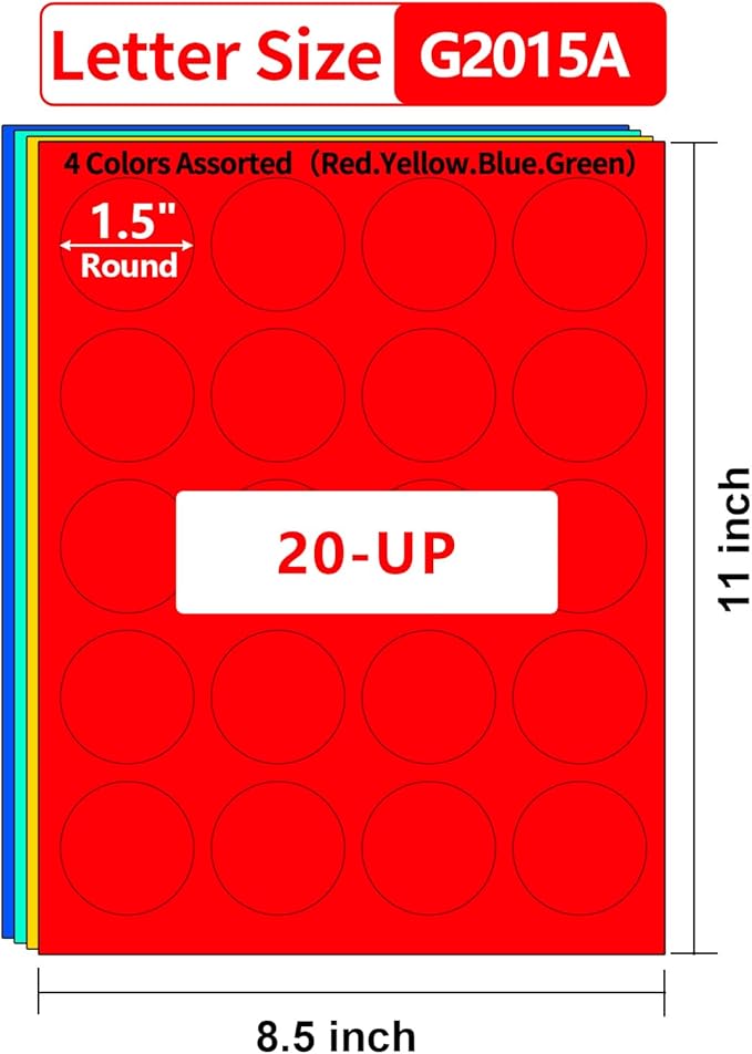 1.5 Inch Colored Round Labels,4 Colors Assorted(Red,Yellow,Blue,Green),20 Sheets,400 Tags in Total,Color Coding Labels for Laser/Inkjet Printers,1.5" Colorful Dot Stickers,Letter Size