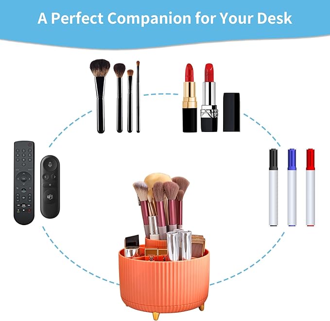 Marbrasse Desk Organizer, 360-Degree Rotating Pen Holder for Desk, Desk Organizers and Accessories with 5 Compartments Pencil Organizer, Art Supply Storage Box Caddy for Office, Home （Orange）