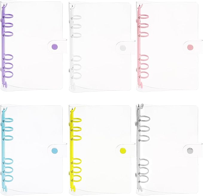 6 Pack PVC A6 Binder Transparent 6 Ring Binder Clear Soft PVC Notebook Cover Budget Planner Binder Notebook Shell Folder Cover with Snap Button for Refillable Notebook School Office Meeting