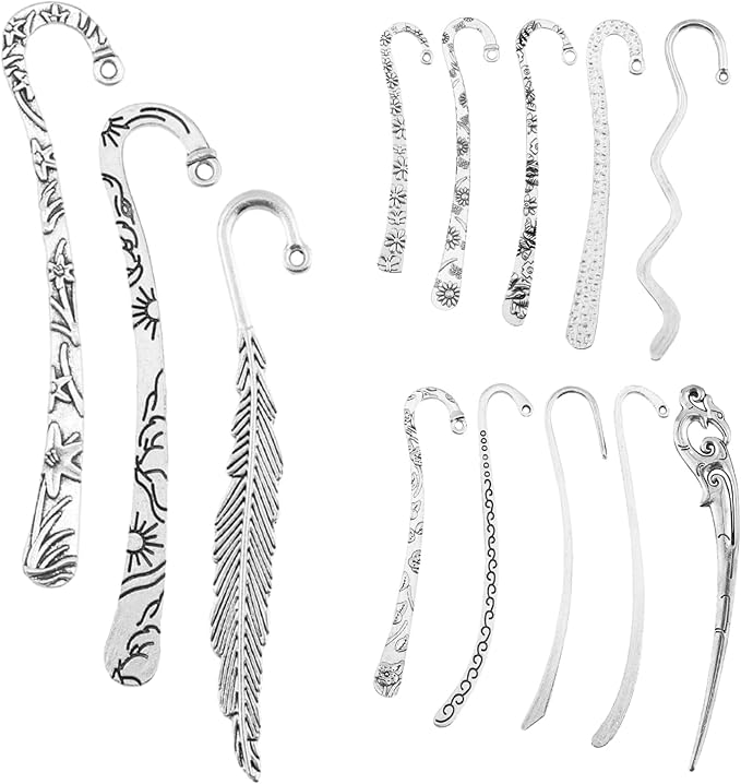 13pcs/Set Metal Bookmark for Women Men, Hairpin Hook Antique Tibetan Silver Carved Hook Bookmarks with Loop, Unique Charm Book Marker for Book Lovers Unique Gift