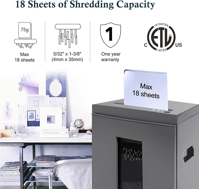 WOLVERINE 18-Sheet Shredders for Home Office Heavy Duty P-4 Security Level Crosscut Paper Shredder Paper/CD/Card Ultra Quiet Paper Shredder for Home with 6 Gallons Pullout Waste Bin SD9113(Grey ETL)