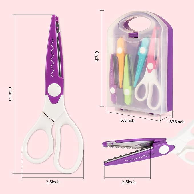 6Pcs/Set Craft Scissors Decorative Paper Edge Scissors With Storage Box Set, 5 Kinds Zig Zag Edges Scissors Great for DIY Projects Paper Card,Photo, Scrapbook,Office School Home Manual (Violet)