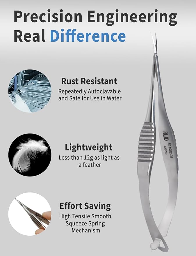 VANNAS Micro Scissors, 3.2" Curved Tapered Tip, Extra Sharp Spring Action Squeeze Scissors for Stitch Cutting, Embroidery, ENT, Eye, Skin, Dental, and Veterinary Surgery (8cm) - S11002-08